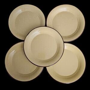 Vintage Yellow Enamelware Plates Set of 5 Speckled Brown Rim Farmhouse Camping